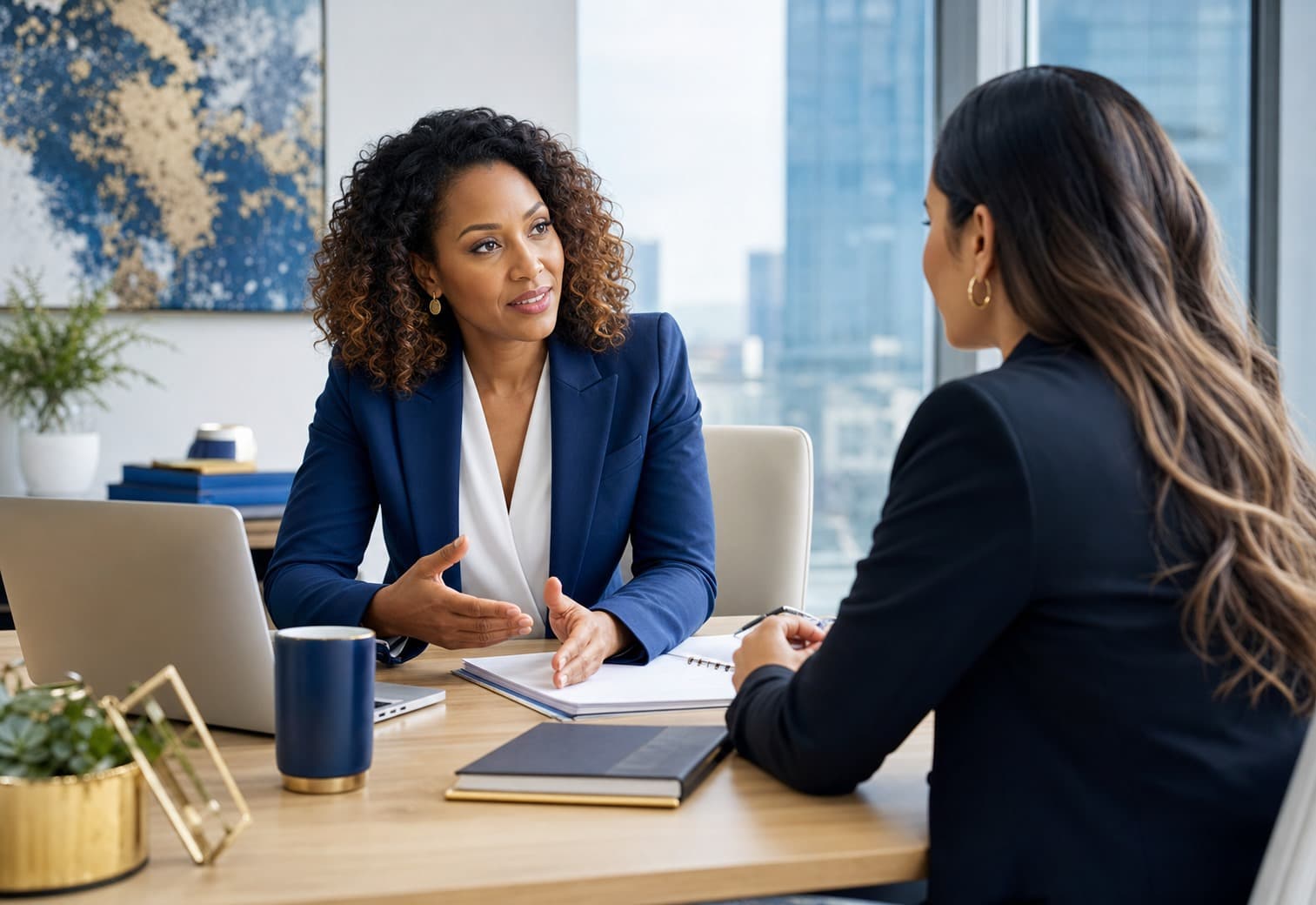 Career coach supporting a professional in a leadership conversation