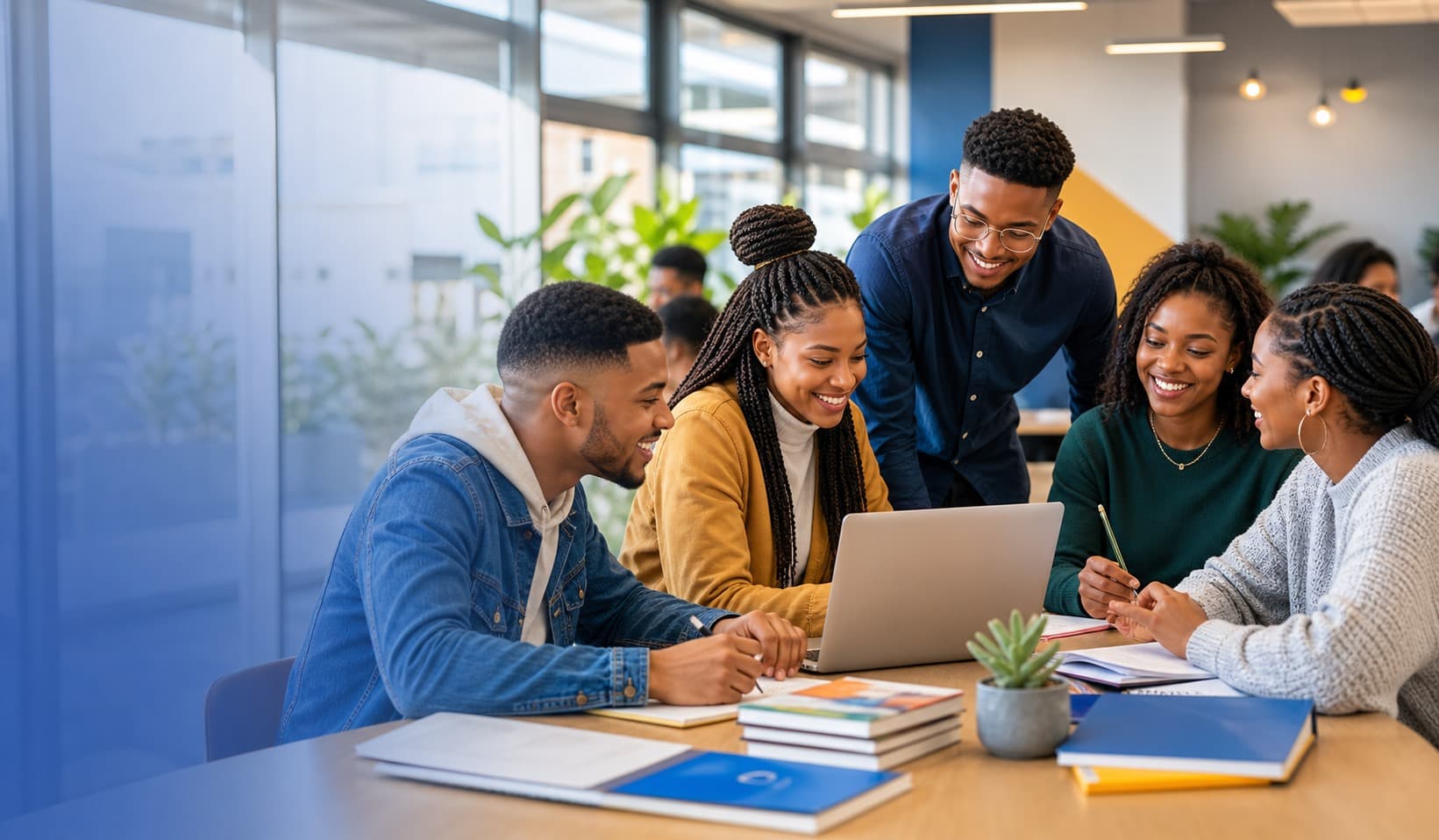 Learners, mentors and professionals collaborating in a modern VowSupport learning space