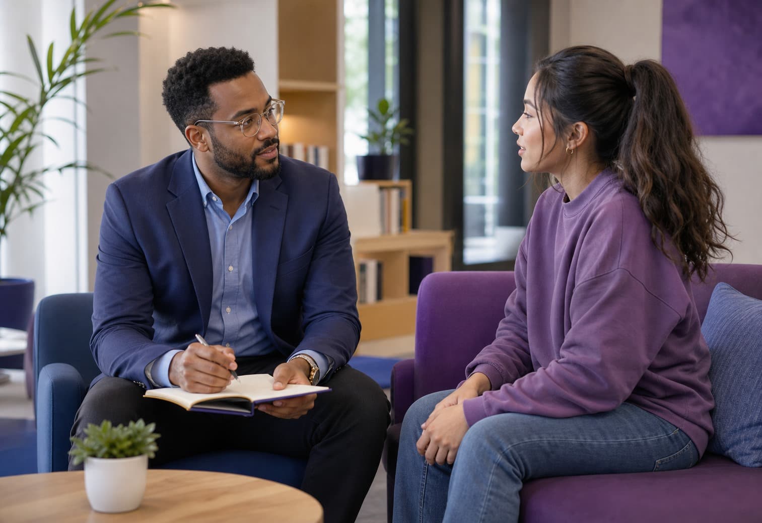 Mentor guiding a student through a personal growth conversation